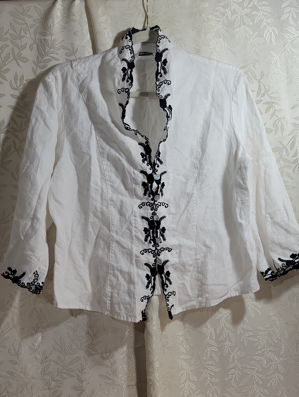 White Linen Embroidered Button-Front Blouse